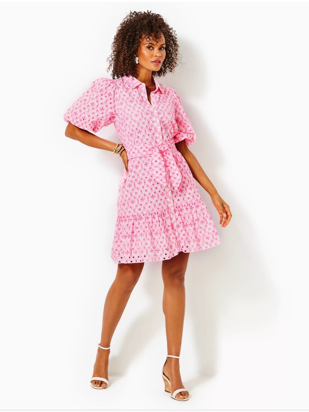 Lilly Pulitzer Cartley Eyelet Shirtdress Havana Pink White Size 8 - Picture 3 of 7